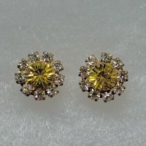Vintage-Style Yellow Rhinestone Floral Stud Earrings